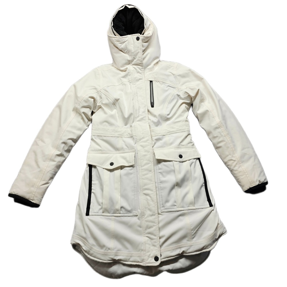 Athleta Winter Parka Jacket Women XXS White Quilted Lined Hooded/Fur Snap & Zip
